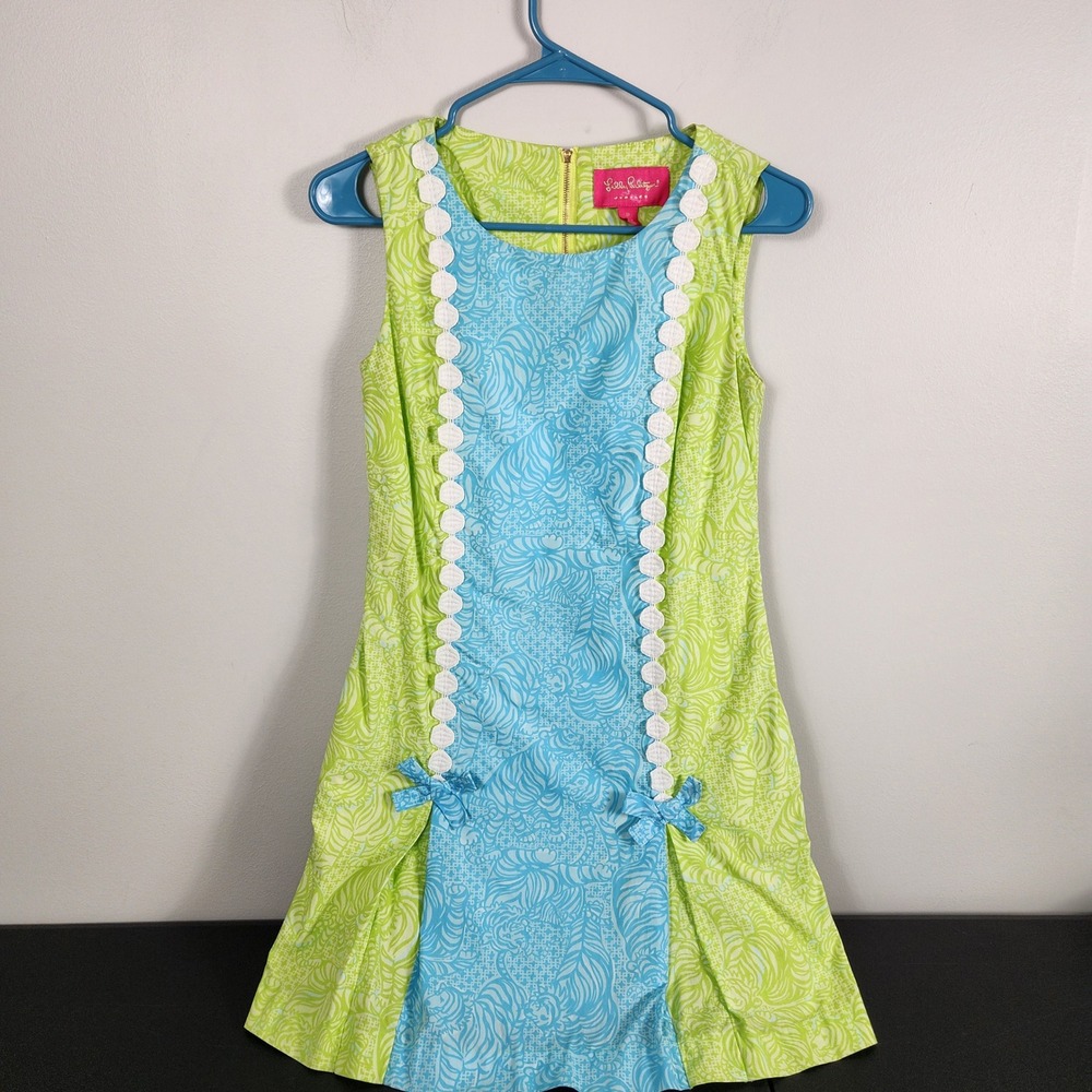 Lilly Pulitzer Jubilee Shift Dress Green Blue Tropical Lace Bows Cotton 0